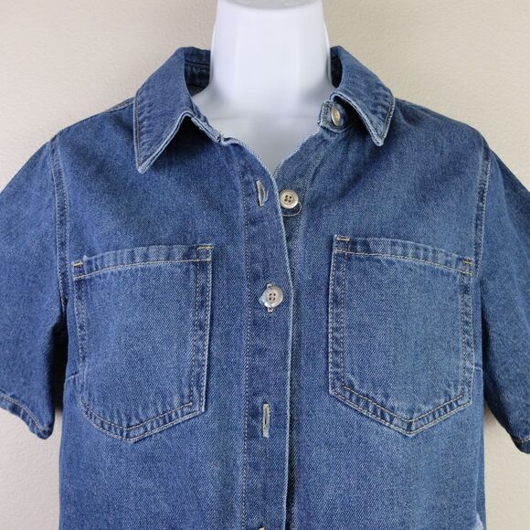 No Boundaries Juniors Distressed Dark Wash Short Sleeve Cropped Shacket Size XS - Picture 2 of 7